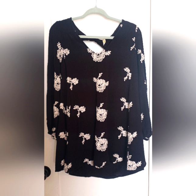 Free People Austin Emma Black White Floral Boho Embroidered Mini Tunic Dress S